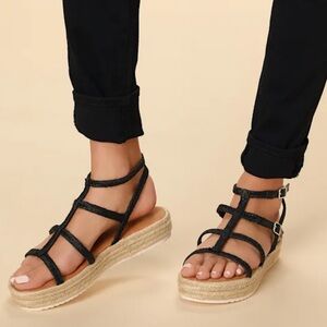 Lulus Creekside Black Flatform Espadrille Gladiator Sandals NWT